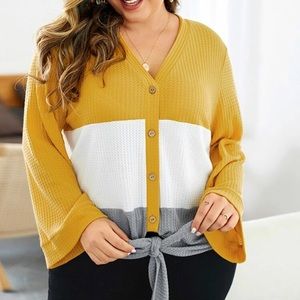 Plus Size Colorblock Tie Front Knit Cardigan